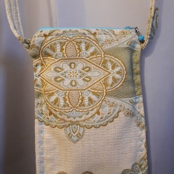 New Coastal Tapestry Sling Crossbody Purse Bag Ivory Sage Blue Boho pouch purse - Picture 3 of 10